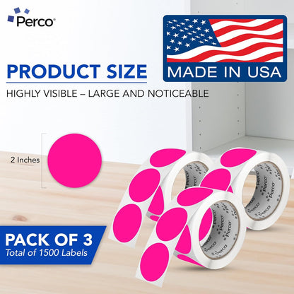 Perco Fluorescent Pink 2-Inch Round Circle Dot Sticker Labels - Multi-Roll Pack (3 Rolls, 500 Labels Each) - Permanent Adhesive, Vibrant Colors, Strong Hold - Perforated for Easy Use - Made in USA