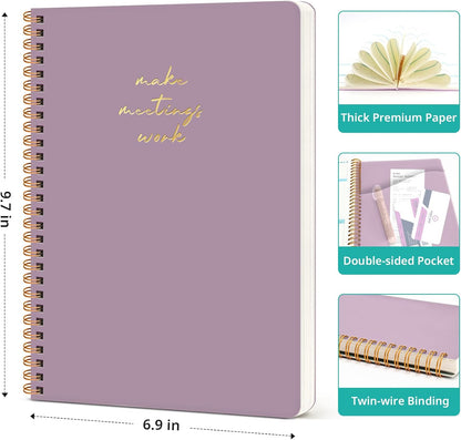 Meeting Notebook for Work Organization - Work notebook with action items, Meeting Minutes Planner Notebook, Perfect Office Supplies for Men & Women - Purple