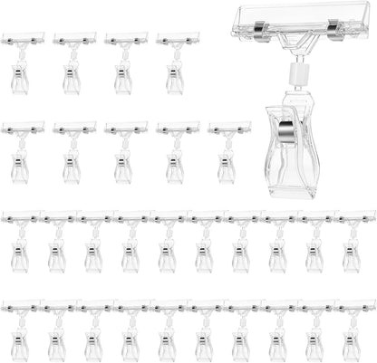 30PCS Clear Sign Clips Plastic Rotatable Pop Clip Sign Holder Stand for Merchandise Display, Sign Holder Clips for Retail, Double Display Clips for Retail Rack, Baskets, Cards