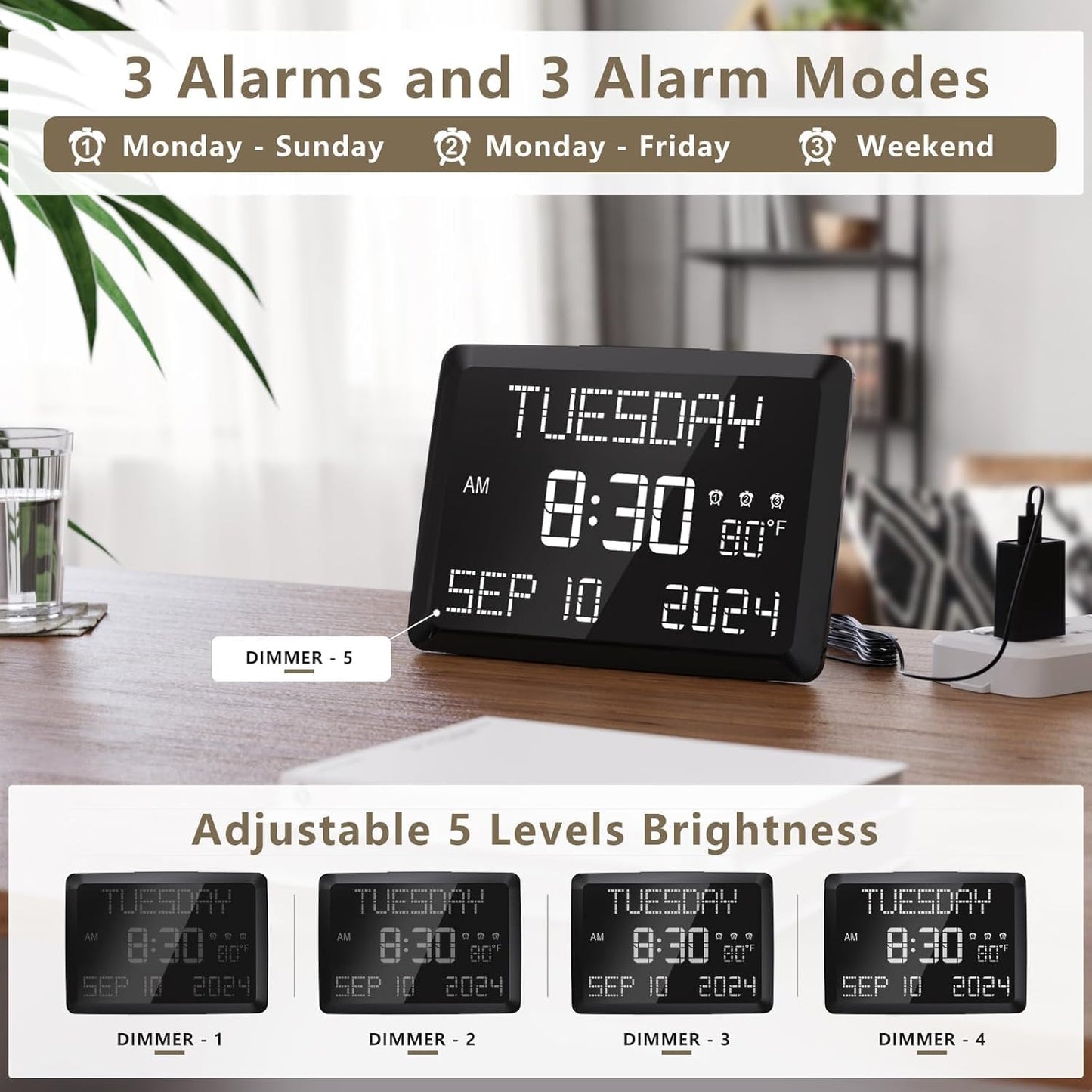 Raynic Digital Clock, 11.5" Large Display Calendar Clock with Day and Date, Indoor Temperature, Adjustable Brightness, Snooze,12/24H, DST for Home, Office, Elderly