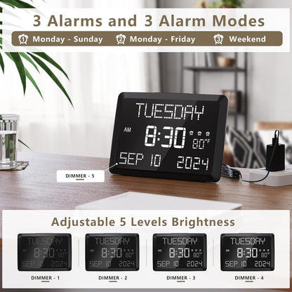 Raynic Digital Clock, 11.5" Large Display Calendar Clock with Day and Date, Indoor Temperature, Adjustable Brightness, Snooze,12/24H, DST for Home, Office, Elderly