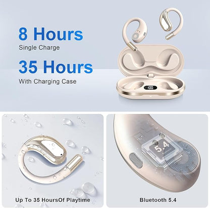 Open Ear Clip Wireless Earbuds Bone Conduction Headphones, Bluetooth 5.4, Open Ear Design, Built-in Mic, IPX7 Waterproof, LED Display Charging Case,Ear Hooks Ear Buds,Design for Running Fitness