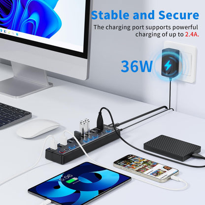Powered USB Hub, JESWO 11 Port USB 3.0 Hub, 10 USB 3.0 Data Transfer Ports + 1 Smart Charging Port, USB Hub Powered with Individual LED On/Off Switches and 12V/3A Power Adapter