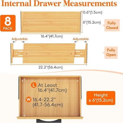 Lifewit 8 Pack Drawer Dividers Bamboo 6" High, 16-22" Adjustable Clothes Drawer Organizers, Expandable Dresser Separators in Bedroom/Bathroom/Kitchen/Office Organization and Storage