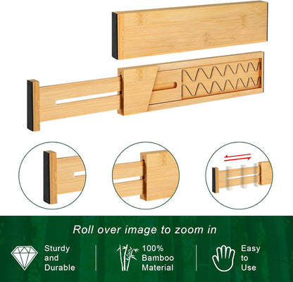 FJO 4 Pack Adjustable Bamboo Drawer Dividers - 12.5" - 21.7" Expandable Drawer Separators for Kitchen, Utensils, Clothes, Bedroom, Dresser, Bathroom (Beige)