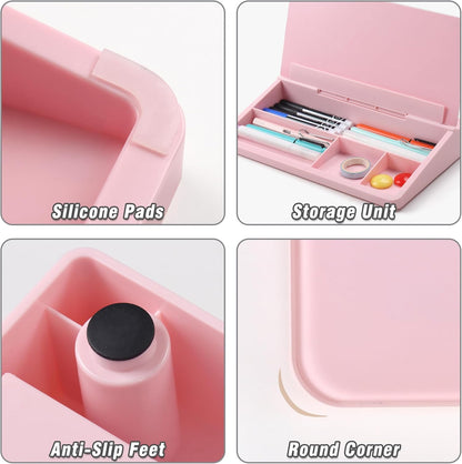 SELEAD Desktop Glass Whiteboard with Storage, Small Dry Erase White Board Computer Pad Keyboard Stand for Home, School, Office Desk Accessories - Pink