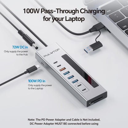Powered USB C Hub, PULWTOP 11-in-1 USB Hub with SD/TF, 2*USB-C 10Gbps, 4*USB-A 5/10Gbps and 2 * 24/45W Type-C PD Charging Ports (Not Support Video), USB Powered Hub (72W DC Adapter Included)