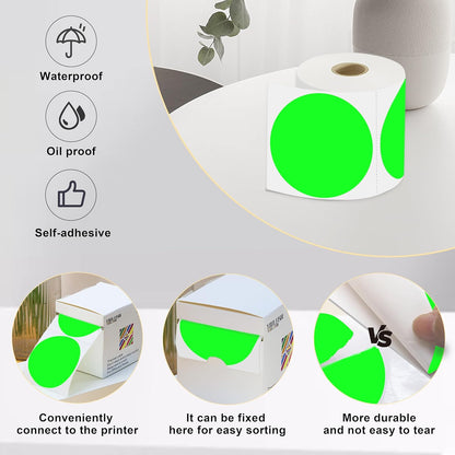 3 X 3 Inch Color Coding Dot Labels Circle Thermal Printable Waterproof 2000 Pcs Round Stickers Adhesive Writable for Office, Home, Garage, DIY Sticker, Barcodes, Name Tag, Fluorescent Green