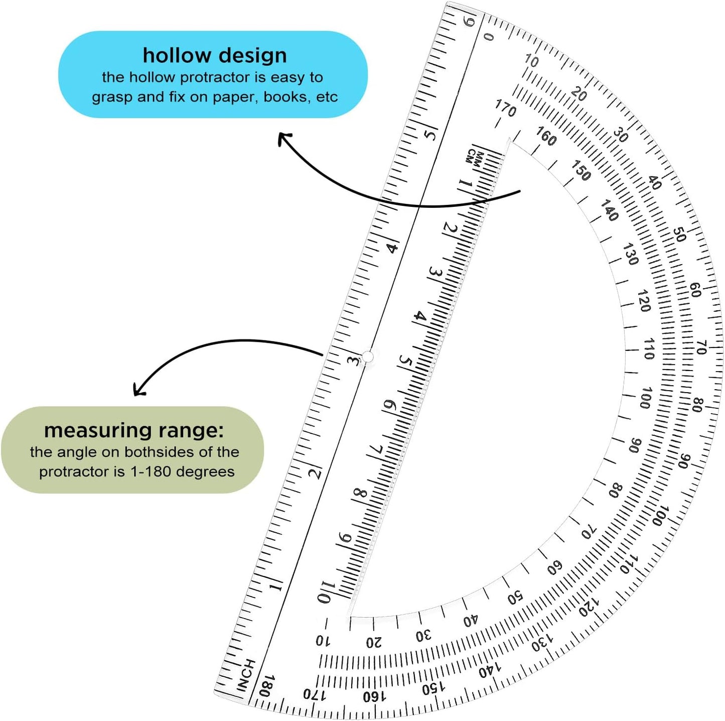 Zonon 24 Pieces Plastic Protractors Bulk Classroom Clear Math Protractors 180 Degrees 6 Inch for Geometry Student, Angle Measurement, Students Back to School Supplies Office Supplies