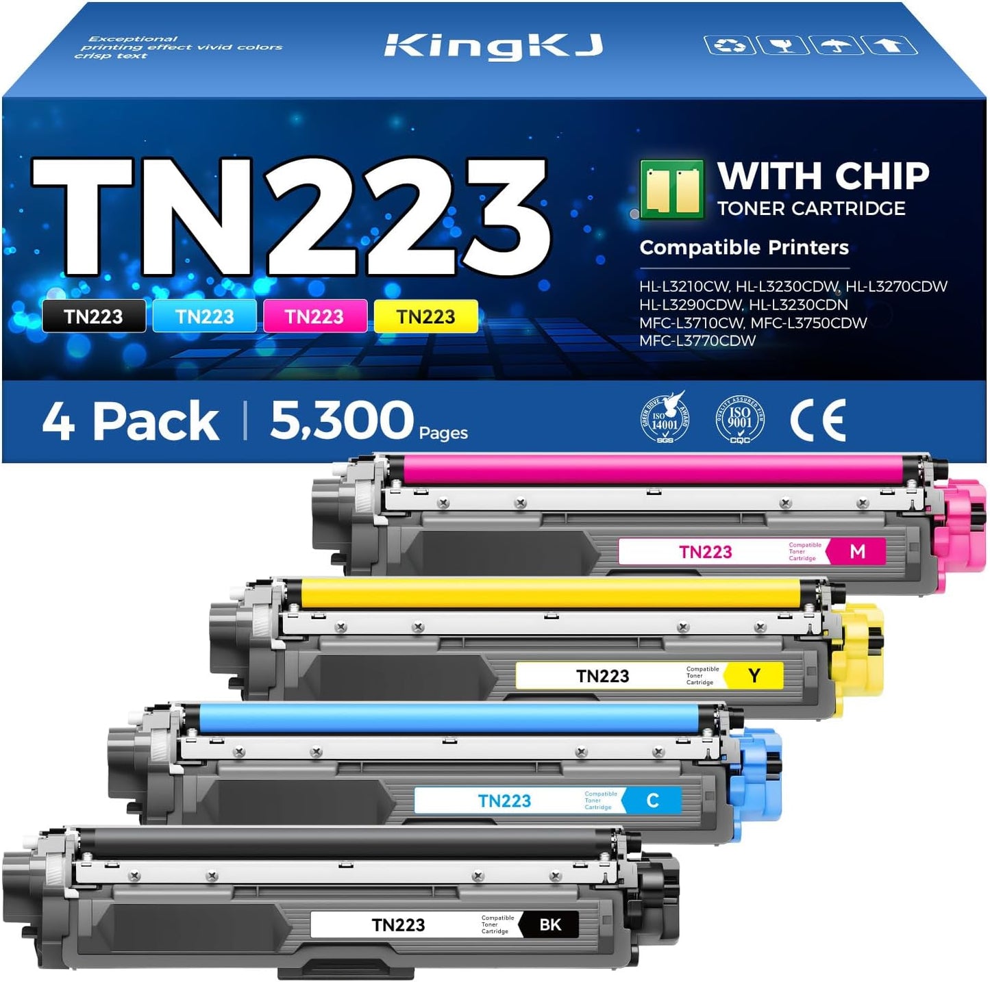 TN223 Toner Cartridge Set 4-Pack Black Color Replacement for Brother TN-223 TN227 Compatible with HL-L3270CDW HL-L3210CW MFC-L3770CDW HL-L3290CDW MFC-L3750CDW L3710CW HL-L3230CDW L3230CDN Printer Ink