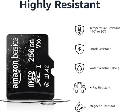 Amazon Basics Micro SDXC Memory Card with Full Size Adapter, A2, U3, Read Speed up to 100 MB/s, 256 GB, Black