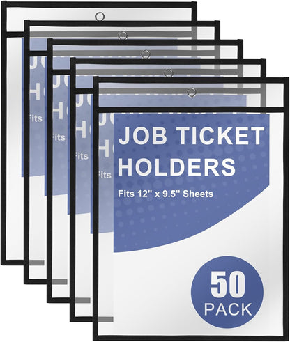 Heavy Duty Dry Erase Pockets 9x12, Job Ticket Holders 50 Pack Plastic Paper Sleeves Sheet Protectors 8.5 x 11 Clear Document Sleeves for Shop Office Classroom Home, Black
