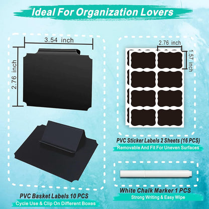 27-Piece Set of Basket Labels Clip On for Storage Bins: 10 Erasable Plastic Kitchen Pantry Labels, 16 Removable PVC Tag Stickers, 1 White Chalk Marker, for Organization Container, Jar, Shelf, Laundry