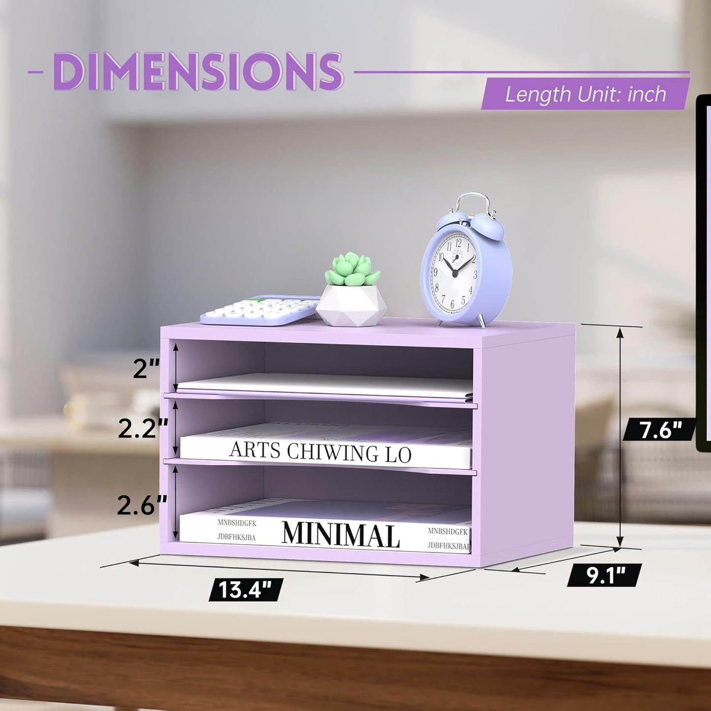 SUPEASY Wood Desk Organizer, 3 Tier Paper File Organizer for Desk, Wooden Desktop Organizer, Paper Letter Literature Mail Sorter, for Office School & Home Organization, Purple