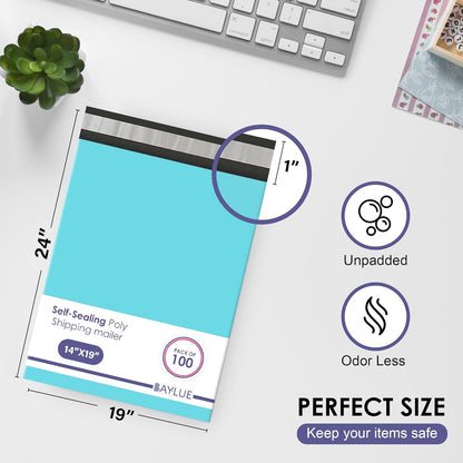 Teal Large Poly Mailers 19x24 Inch | Strong Adhesive Self-Seal Mailer Bags | Tear, Tamper, Water Resistant Shipping Envelopes | Thick Strong polymailer Bags XL Clothing Shipping Bags | 100 Pcs Bulk