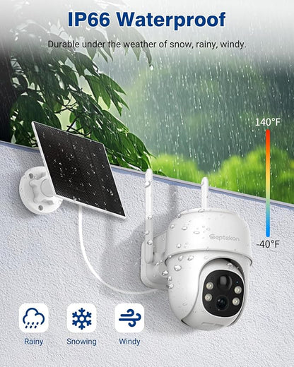 Septekon 360°PTZ Security Cameras Wireless Outdoor 2 Pack, 2K Solar Battery Powered Cameras, 2.4G WiFi Camera with Spotlight, Motion Detection, Siren, Color Night Vision, IP66, White
