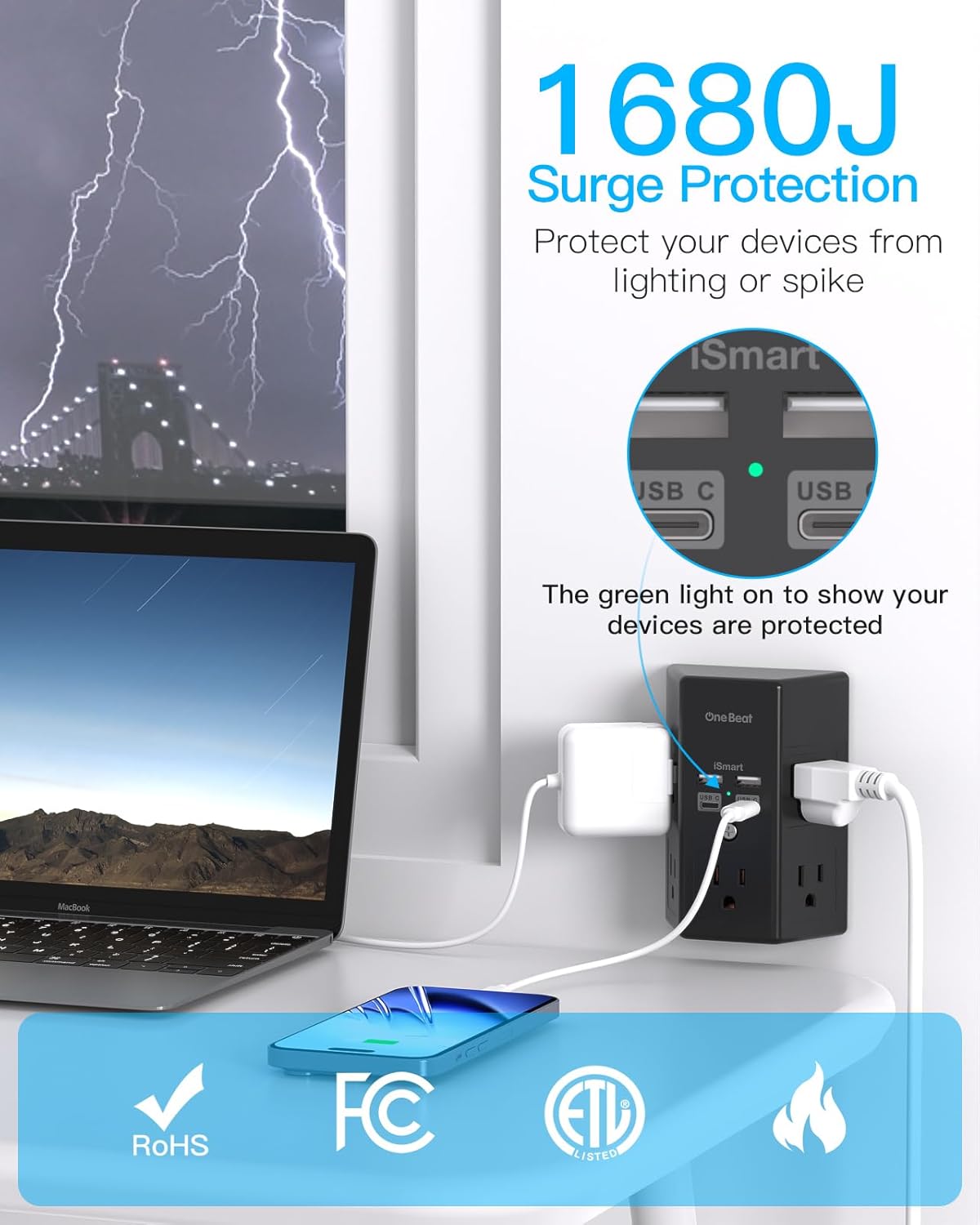 Surge Protector, 5 Outlets Extender with 4 USB Ports(USB C PD30W), 3-Side 1680J Power Strip Multi Plug Outlet Expander, USB Wall Charger, Outlet Splitter Adapter Wall Mount for Home Office(Black)