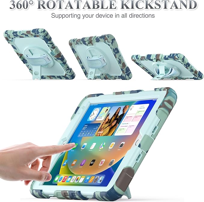 SEYMAC stock Case for iPad 9th/ 8th/ 7th Generation 10.2'', Shockproof with Screen Protector, Pencil Holder [360° Rotating Hand Strap] & Stand, for iPad 10.2 inch 2021-2019 (SkyBlue Camo)