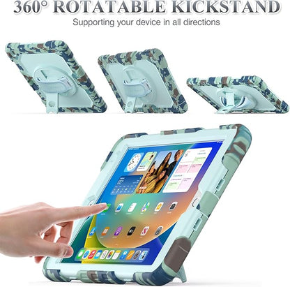 SEYMAC stock Case for iPad 9th/ 8th/ 7th Generation 10.2'', Shockproof with Screen Protector, Pencil Holder [360° Rotating Hand Strap] & Stand, for iPad 10.2 inch 2021-2019 (SkyBlue Camo)