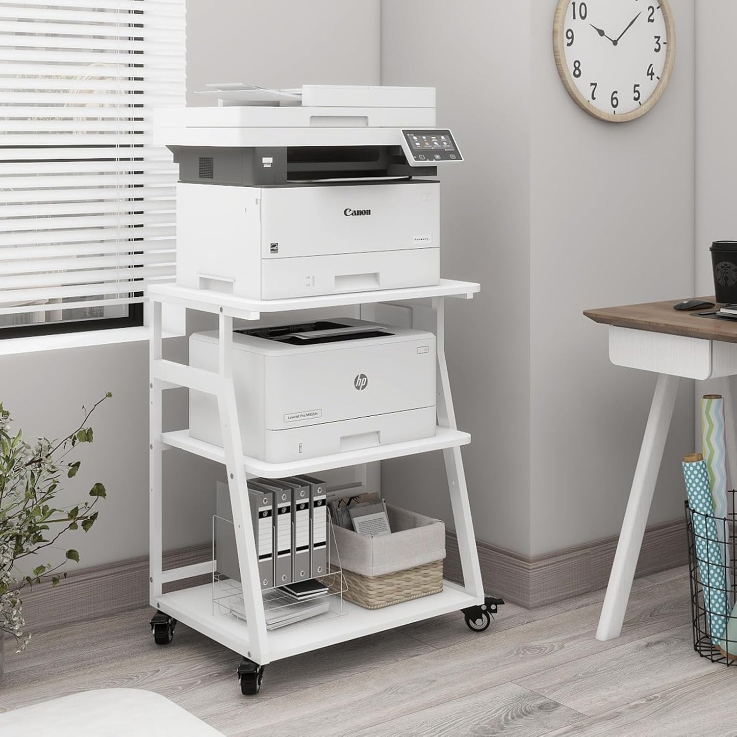 Natwind 23.6"x19.7" Large Printer Stand,3 Tier Printer Table with Charging Station, Rolling Cart with Adjustable Storage Shelf for Home Office Organization, Stand for Heat Press,3D Printer (White)
