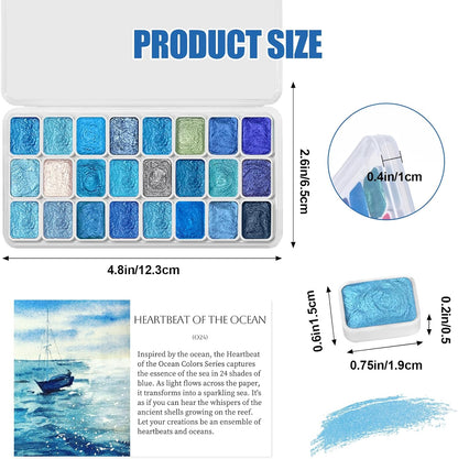 Mini Glitter Watercolor Paint Set with Paper, 24 Colors Shimmer Metallic Watercolour Painting Sets, Solid Pearl Water Color Paints for Adult, Kids, Blue 1ml Trial Pack(Heartbeat of the Ocean)