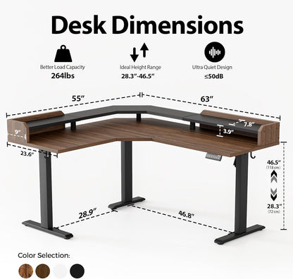Agilestic L Shaped Standing Desk, Adjustable Height Corner Gaming Desk with Shelf, Sit Stand Up Desk, 63 x 55 Inch Home Office Computer Table, Dark Walnut