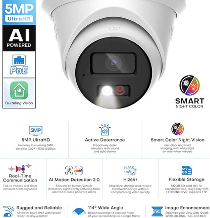 5MP Outdoor PoE IP Turret Camera, Sound & Light Alarm, Active Deterrence, Smart Color Night Vision (98ft), 2-Way Audio, AI Human/Vehicle Detection, Full Metal IP67, 115°Wide Angle, 120dB WDR
