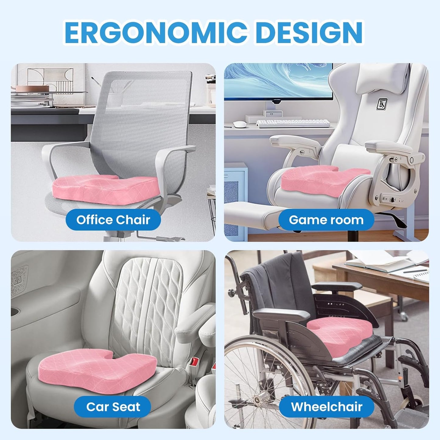 TushGuard Office/Car Seat Cushion, Non-Slip Sciatica & Back Coccyx Tailbone Pain Relief Chair Pad, Memory Foam Butt Pillow for Computer Desk, Wheelchair, Driving (Pink)