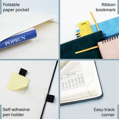 POPRUN Weekly Planner 2026 Pocket Size Calendar (4" x 6.25") 12 Months Notebook with Horizontal Layout, Leather Soft Cover, Inner Pocket, 100GSM Thick Paper, Pen Holder - Royal Blue