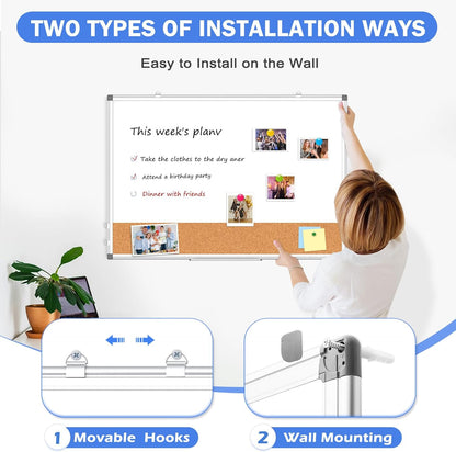 Double-Sided Whiteboard Cork Board Combo for Wall, WALGLASS 24" x 18" Dry Erase White Board Corkboard Combination, Hanging Wall Mount Bulletin Board with Aluminum Frame for Office, Home, School