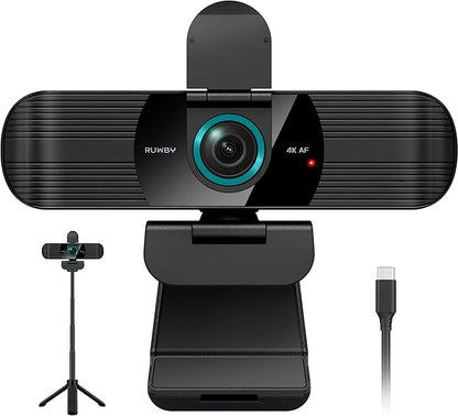 RUWBY UHD 4K Webcam with Built-in Dual Mics, Wide-Angle Lens, Privacy Cover, Tripod Stand, Autofocus PC Camera, Plug and Play for Desktop Computer or Laptop