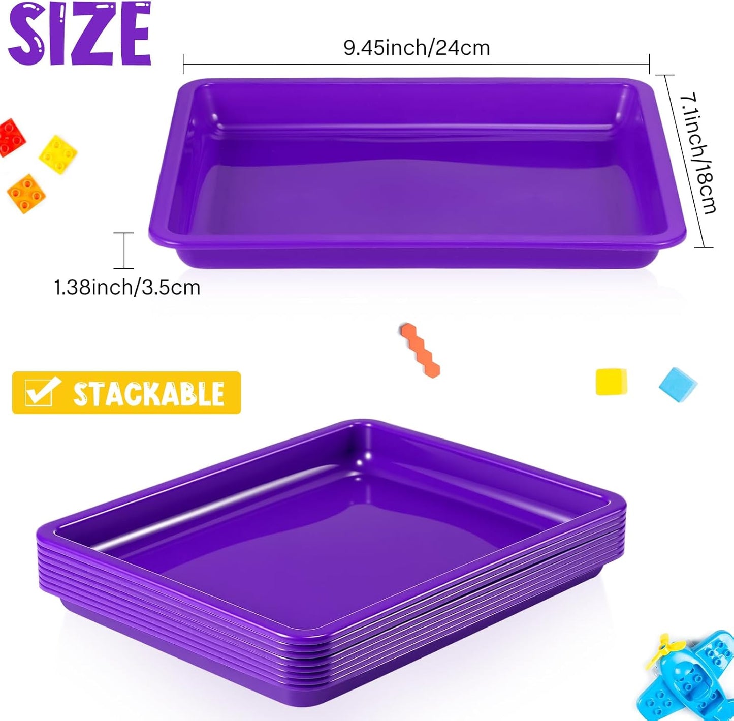 Maitys 24 Pcs Plastic Art Trays 11 x 8.7 x 1 Inch Activity Craft Tray Organizer Serving Tray Stackable Storage Sand Trays for School Painting Beads Crafts DIY Projects(Purple)
