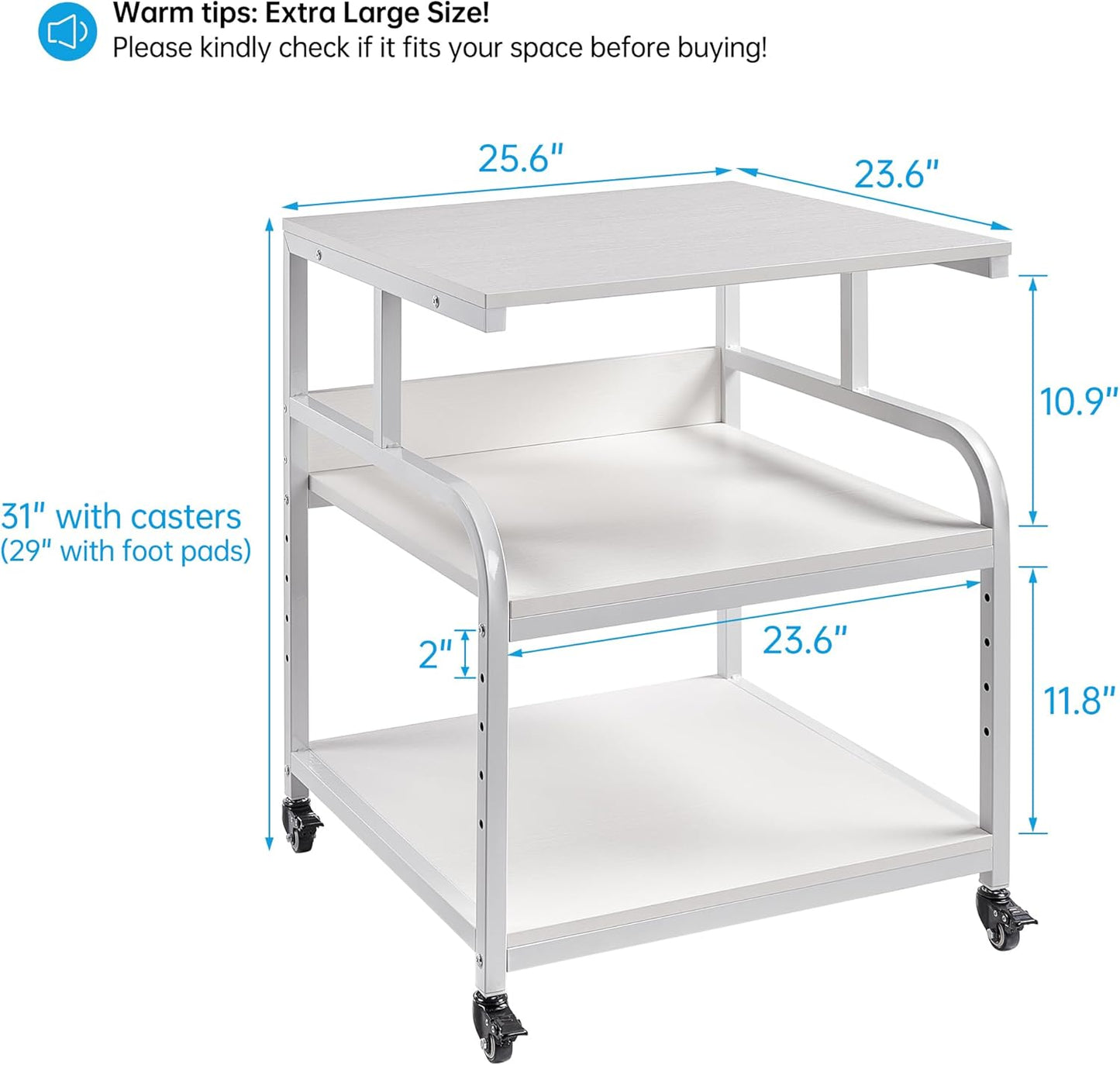 Printer Stand, 25.6" x 23.6" x 30.9" Extra Large Printer Table with Adjustable Storage Shelf, 3 Tier Rolling Printer Cart with Industrial Wheels for Home Office, White