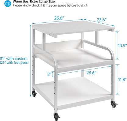 Printer Stand, 25.6" x 23.6" x 30.9" Extra Large Printer Table with Adjustable Storage Shelf, 3 Tier Rolling Printer Cart with Industrial Wheels for Home Office, White
