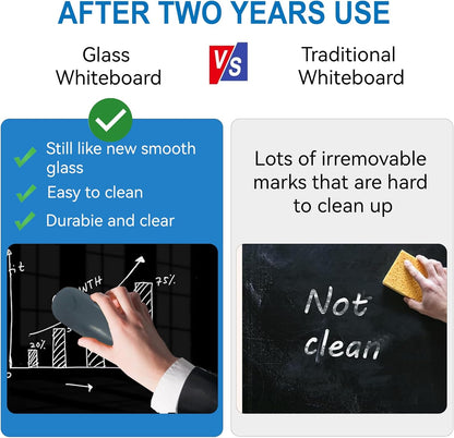 Black Glass Dry Erase Board - 72"X48" Magnetic Blackboard Large Frameless Whiteboard Clear Glass Wlack Boards with Super Strong Magnets, Wall Mounted for Office, School and Home