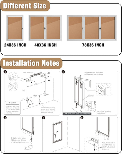 36"x24" Enclosed Bulletin Board, Outdoor Lockable Weather-Resistant Aluminum Cork Noticeboard for School & Office, Silver Frame w/Cork