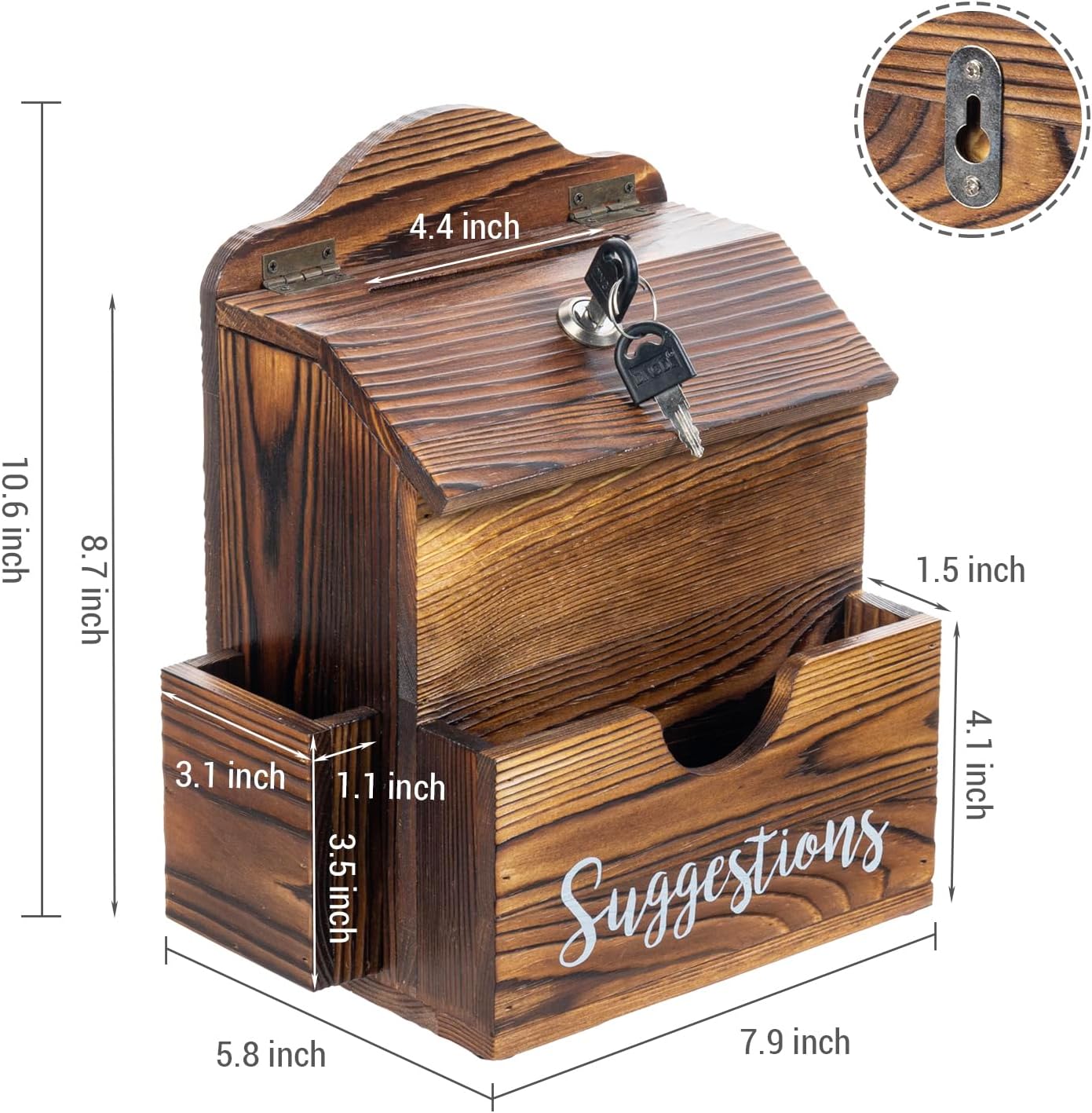 MyGift Rustic Burnt Solid Wood Suggestion Box, Wall Mountable Feedback Collector with White Cursive Suggestions Lettering, Comment Card Slot, Pen Holder, Top Lock and Keys