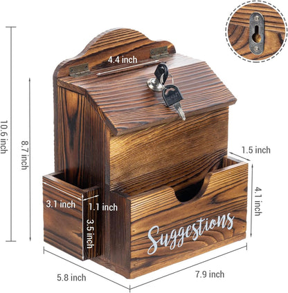 MyGift Rustic Burnt Solid Wood Suggestion Box, Wall Mountable Feedback Collector with White Cursive Suggestions Lettering, Comment Card Slot, Pen Holder, Top Lock and Keys