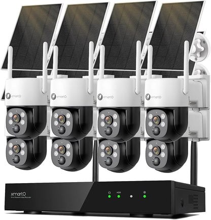 xmartO Wire-Free PTZ Solar Home Security Camera System Wireless, 8-Set 2K 4MP QHD CCTV Camera Kit with 4k 10CH Expandable Wi-Fi 6 NVR, All-Weather Solar Charge