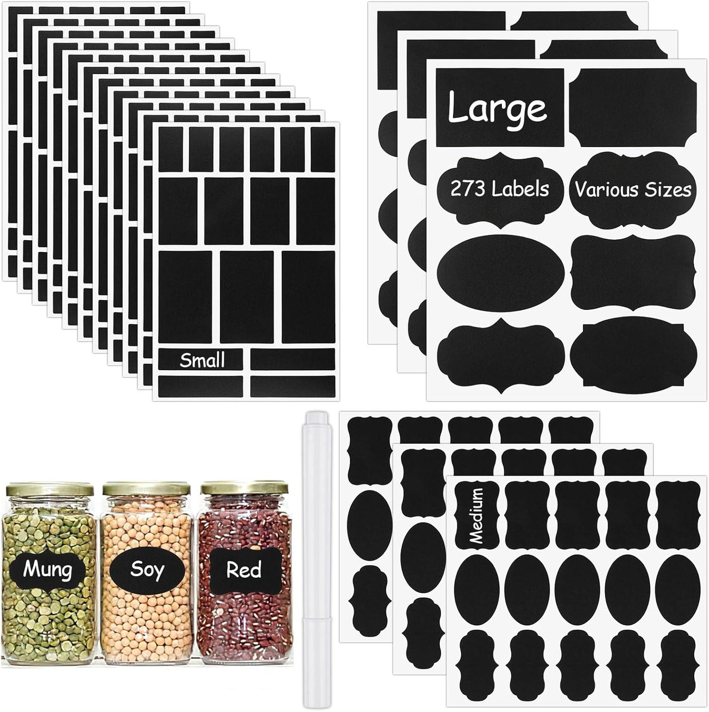 273 Pcs Labels for Jars, Waterproof Reusable Chalkboard Labels for Food Containers, Bottles, Blackboard Stickers with 1 Erasable Chalk Marker (Black)