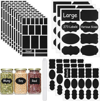 273 Pcs Labels for Jars, Waterproof Reusable Chalkboard Labels for Food Containers, Bottles, Blackboard Stickers with 1 Erasable Chalk Marker (Black)