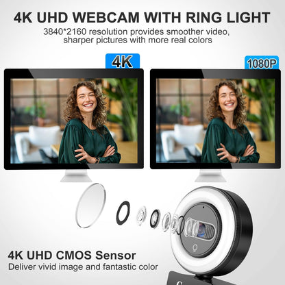 4K Webcam with Light, HD Webcam for PC with Remote Control, Built-in Privacy Cover, Adjustable Brightness, Noise Reduction Mics, for Zoom Skype Teams Laptop and Google Meet