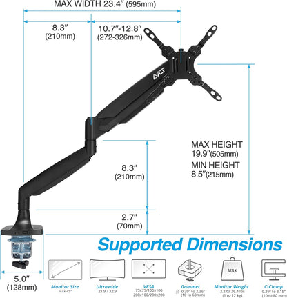 AVLT Single 17"-45" Monitor Arm Desk Mount Premium Mechanical Spring fits One Flat/Curved/Ultrawide Monitor Full Motion Height Swivel Tilt Rotation Adjustable, Black