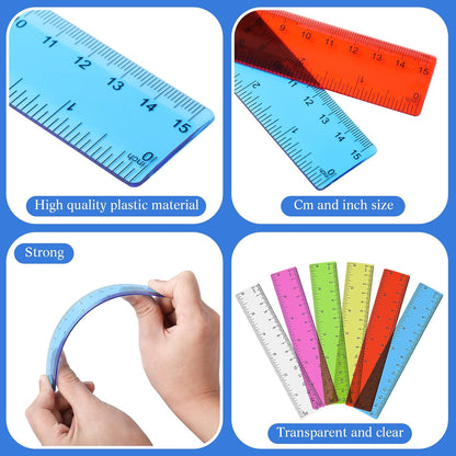 Zonon 6 Pcs 6 Inch Ruler Bulk Colorful Plastic Flexible Straight Metric Rulers with Centimeters and Inches Drafting Measuring Tool for Classroom School Students Education