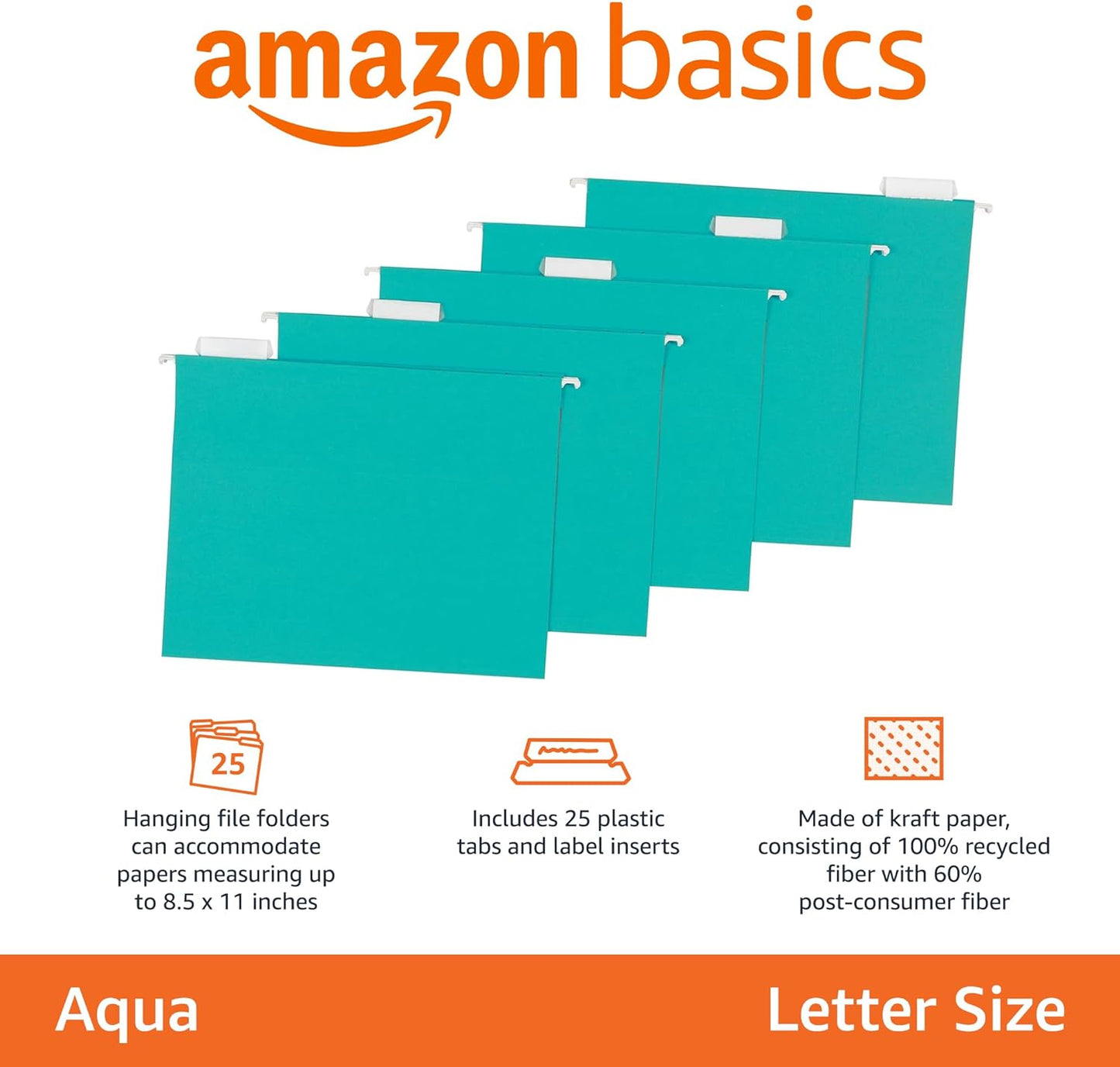 Amazon Basics Hanging File Folders, Letter Size, Aqua, 25-Pack
