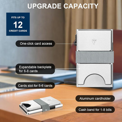 Slim Card Holder for Men&Women Compact Metal Front Pocket Wallets Pop Up Quick Access Credit Cards Holder with RFID Blocking Expandable Backplate&Money Band,Holds 12+ Cards,Silver