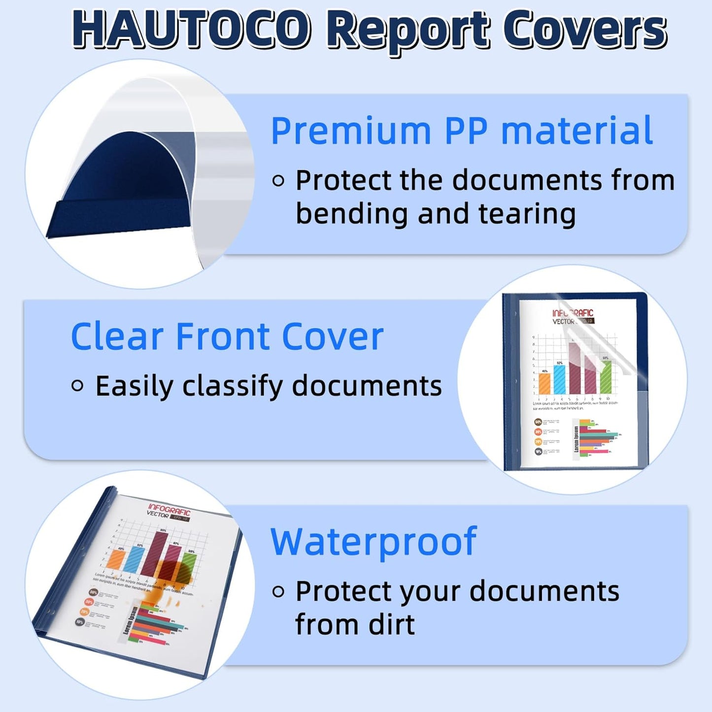 HAUTOCO 12 Pack Plastic Report Covers with 3-Prong Fasteners Clear Front Resume Portfolio Folder for 8.5x11 Letter Size Paper, Presentation Document Report Folders for Office School Use, Navy Blue