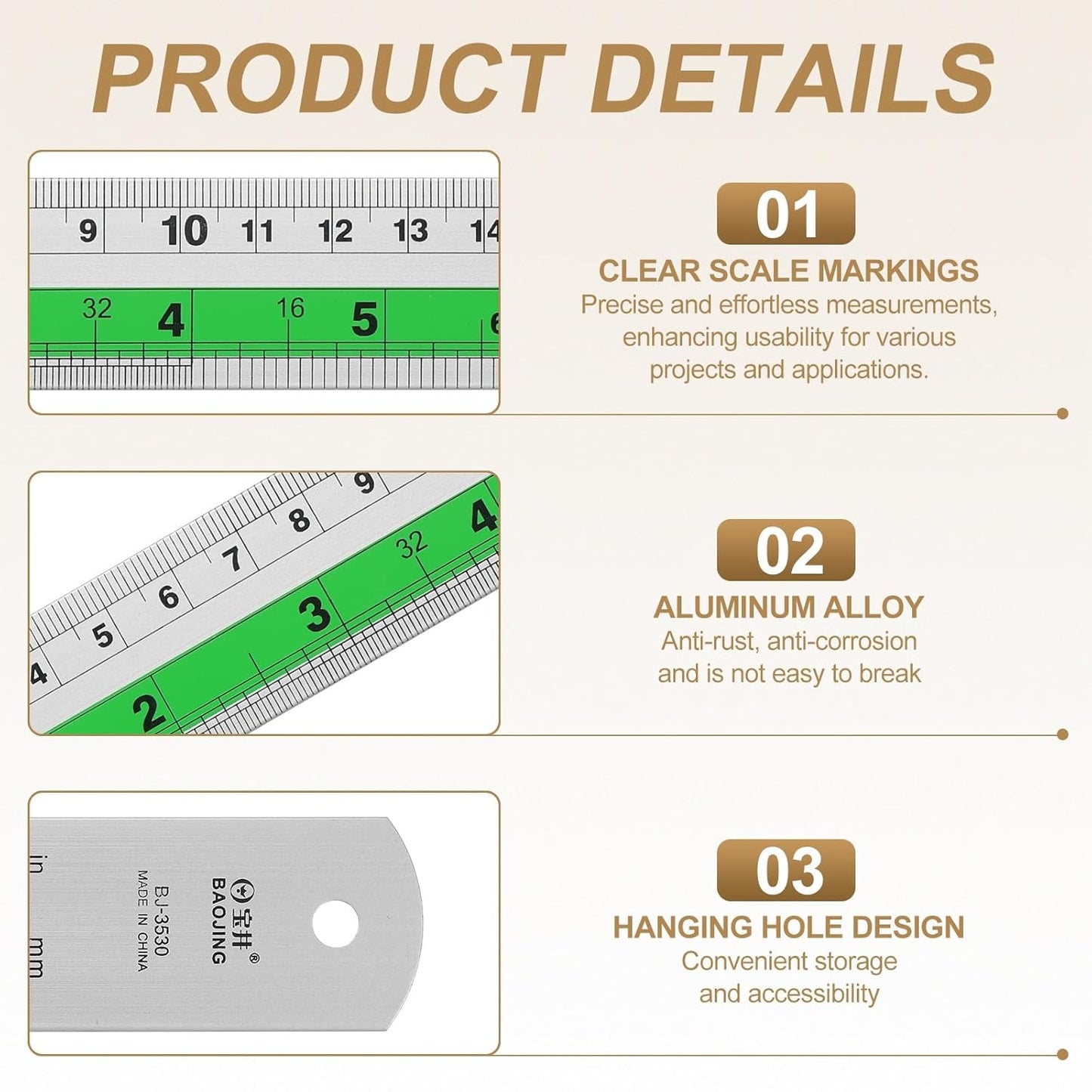 HARFINGTON 2pcs Metal Straight Ruler 30cm Metric SAE Aluminum Alloy Measuring Rulers Scale Tool with Hole for Measure Study Reading Classroom Office, Green