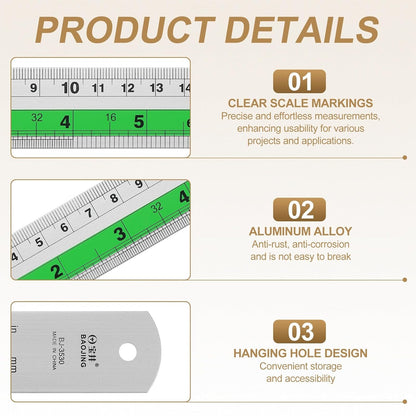 HARFINGTON 2pcs Metal Straight Ruler 20cm Metric SAE Aluminum Alloy Measuring Rulers Scale Tool with Hole for Measure Study Reading Classroom Office, Green