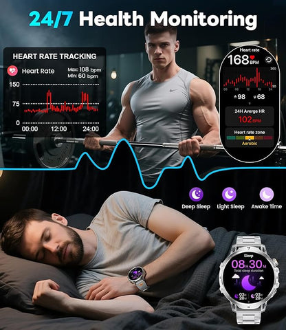 LIGE Smart Watch with 1.85" HD Large Screen, Android iPhone Smart Watches for Men with 1000mAh Battery/LED Flashlight/50M Waterproof/,120+ Sports Fitness Tracker Watch, Silver (Double Straps)